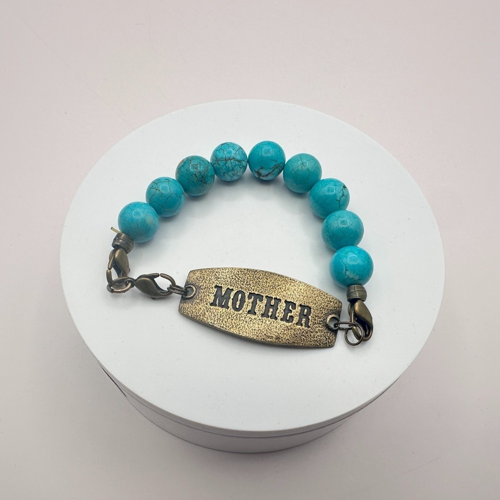 Vintage 80s Bronze Tone Mother ID Bracelet Blue Turquoise Beads Boho Jewelry